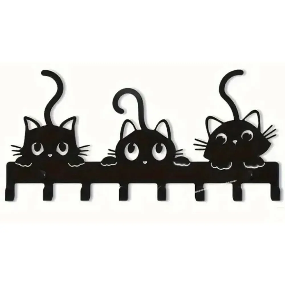 NWT Gorgeous 3 Black Cats Design Metalic 8 Hooks Wall Mount Key Holder Organizer